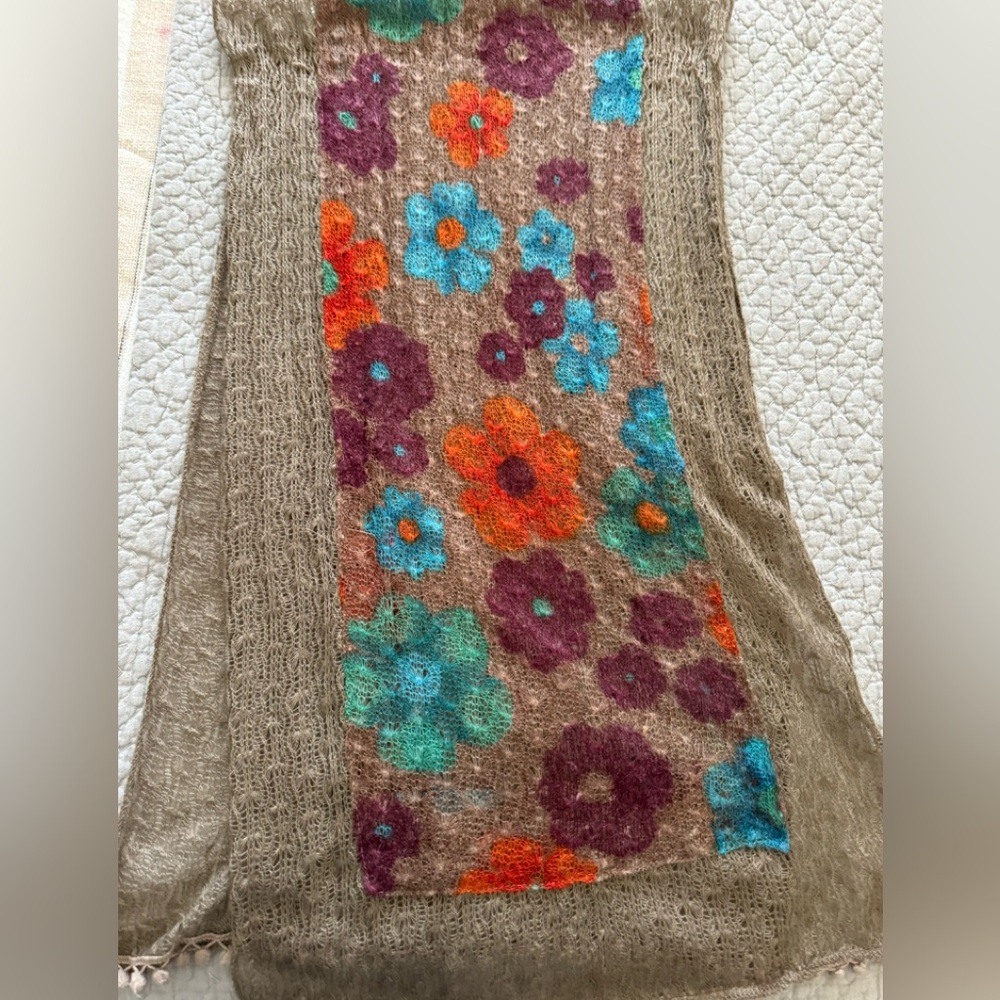 Grey Flowered Winter Scarf with Pom Fringe 18" x 66"